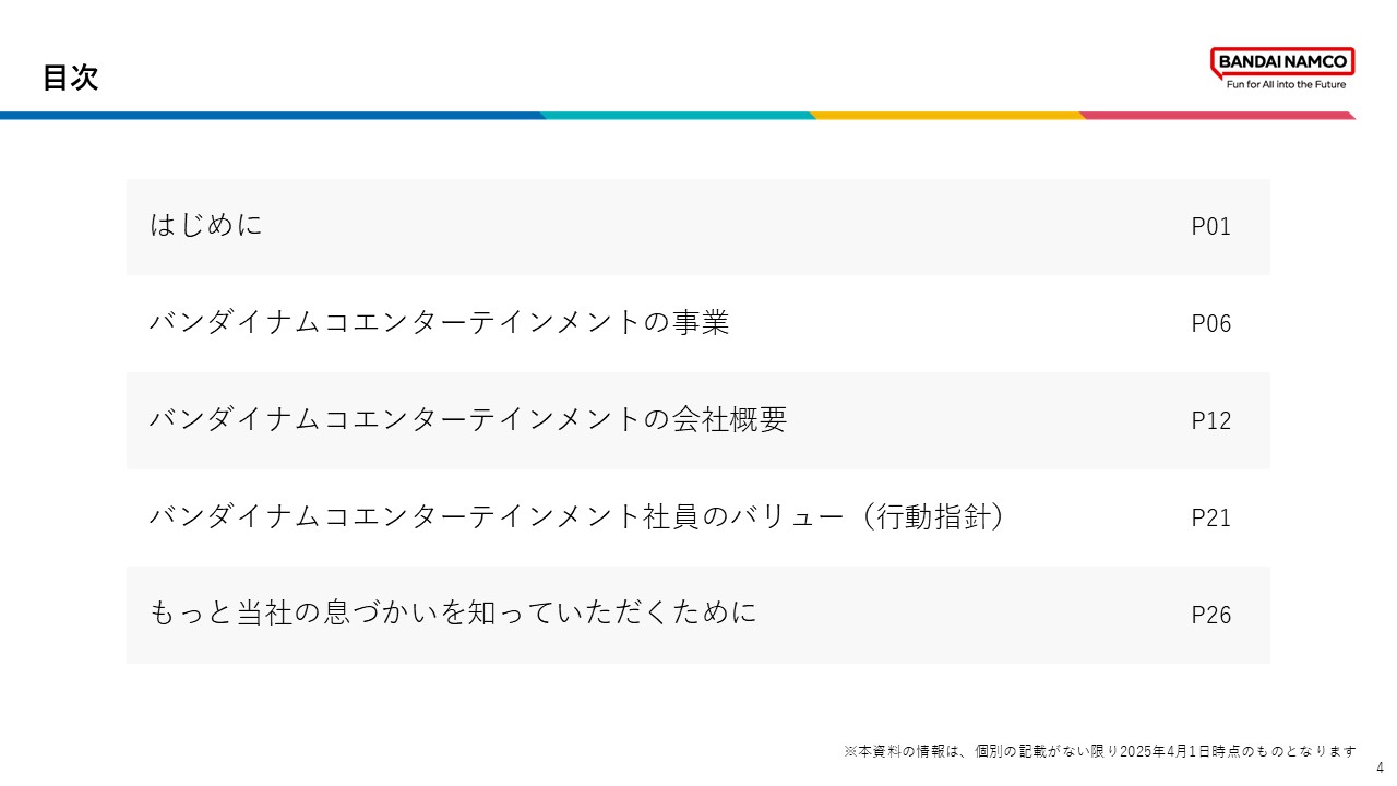 資料全体の構成を示した目次で、はじめにから始まり、事業内容、会社概要、社員のバリュー、もっと当社の息づかいを知っていただくためにまでの項目が並んでいる。