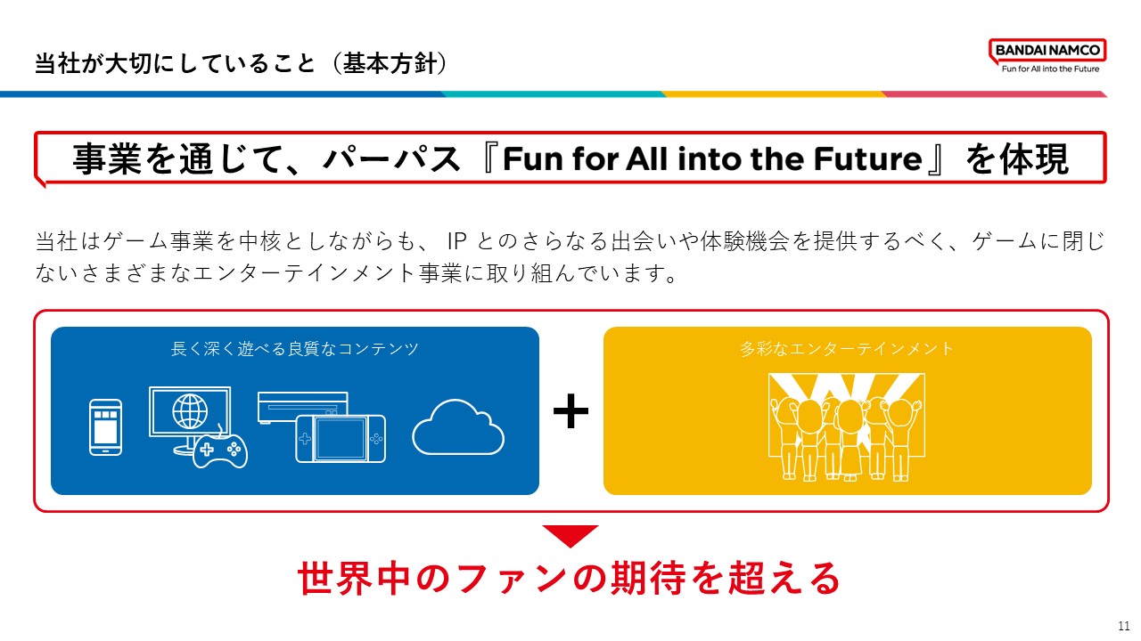 事業を通じてパーパス「Fun for All into the Future」を体現することを基本方針とし、ゲーム事業を中核にしながら、IPとの出会いや体験を広げる多様なエンターテインメントに取り組む姿勢を示している。世界中のファンの期待を超える価値創出を目指している。