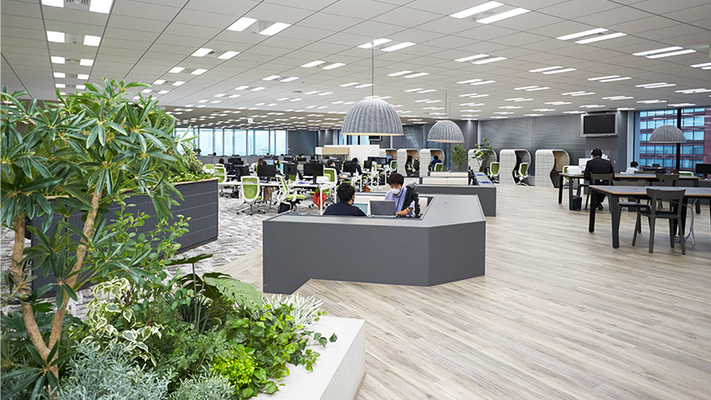 緑豊かなオープンフロアのワークスペース